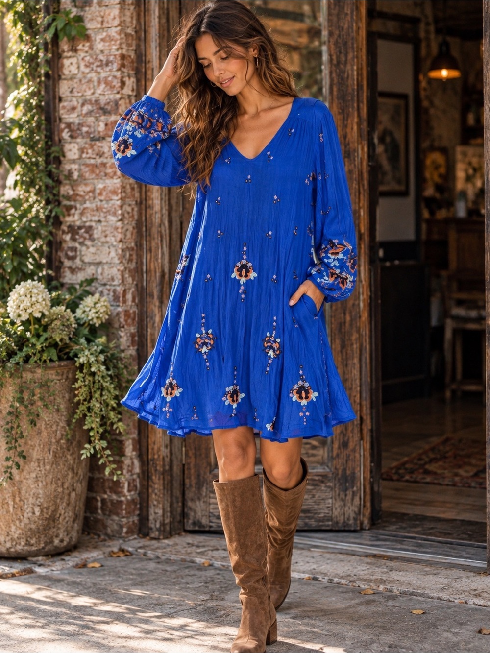 Free People Oxford Cobalt Blue Embroidered Swing Mini Dress M